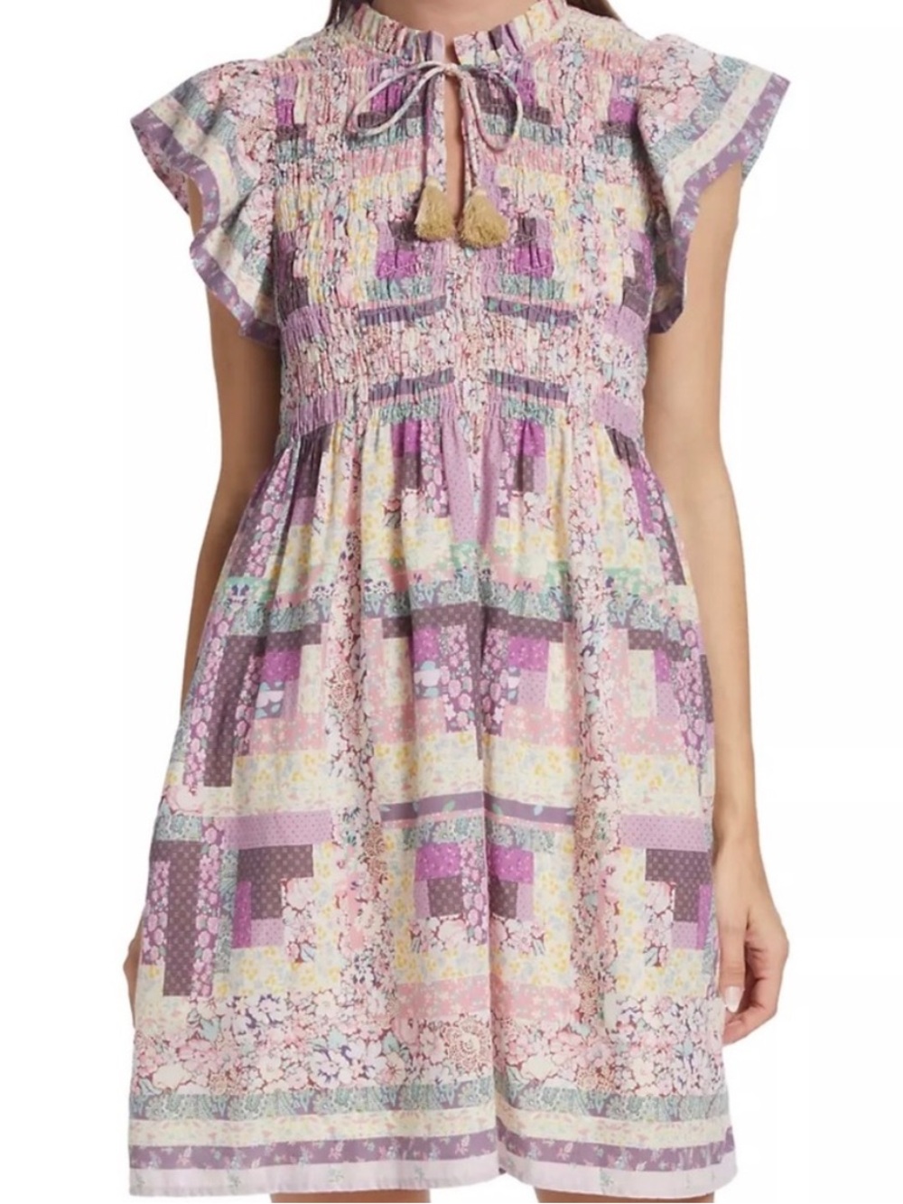 SEA New York Naya Patchwork Flutter Sleeve Babydoll Mini Dress Size S